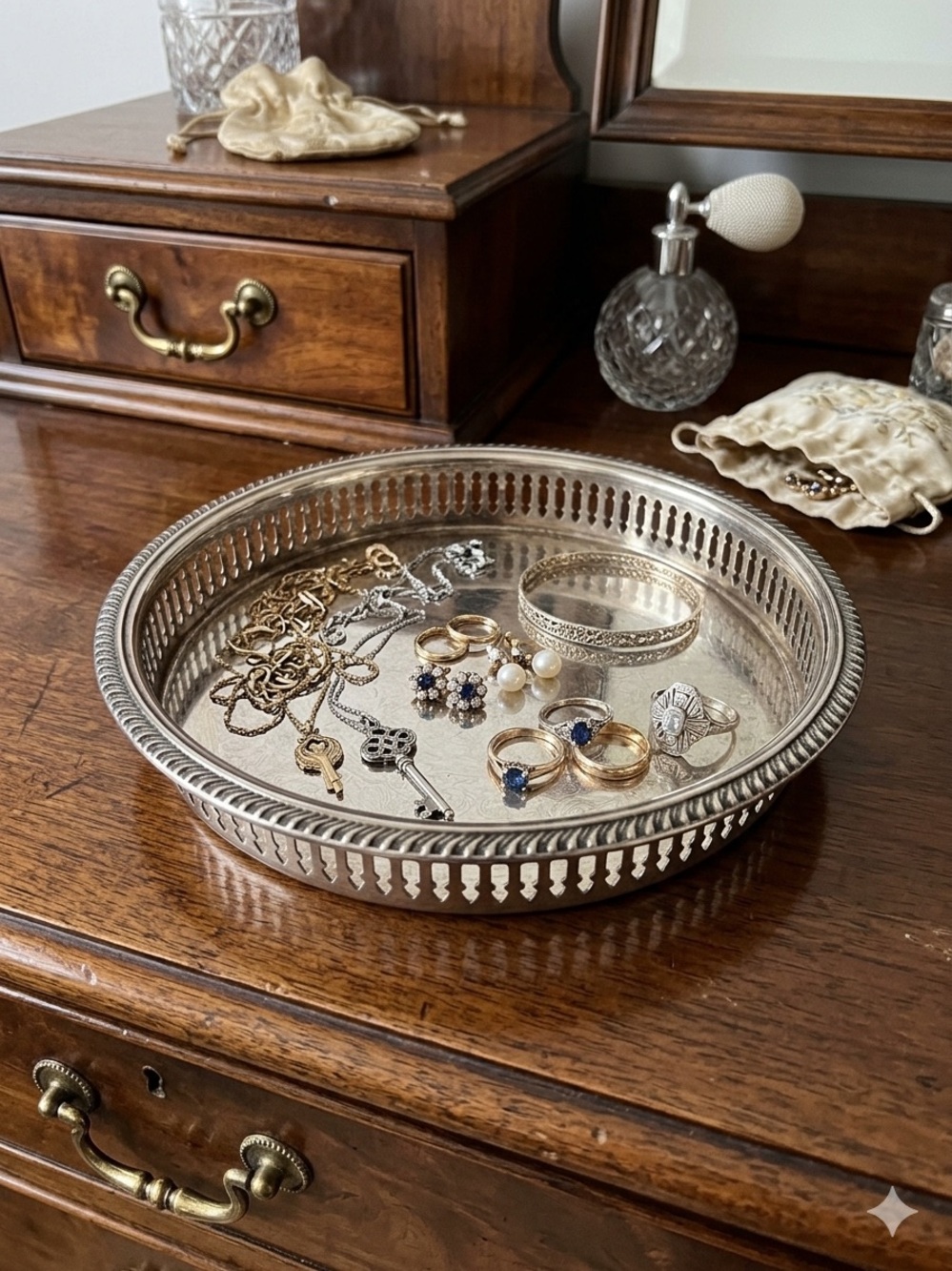 Silver Plated Tray with Reticulated Gallery Vintage Dresser or Bar Tray 9”